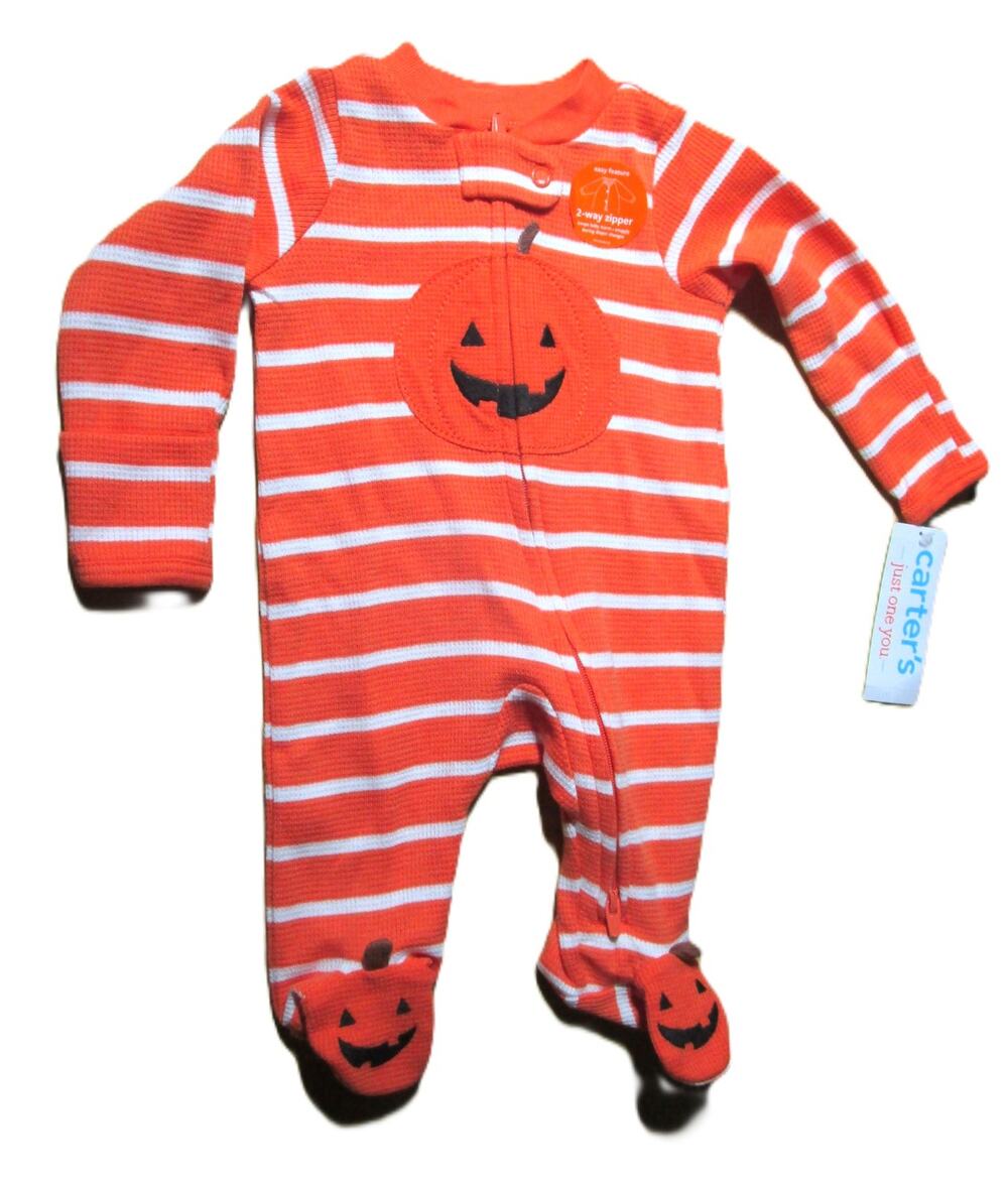 Carter's Newborn Orange Stripe Footed Sleeper with Halloween Pumpkin Graphic